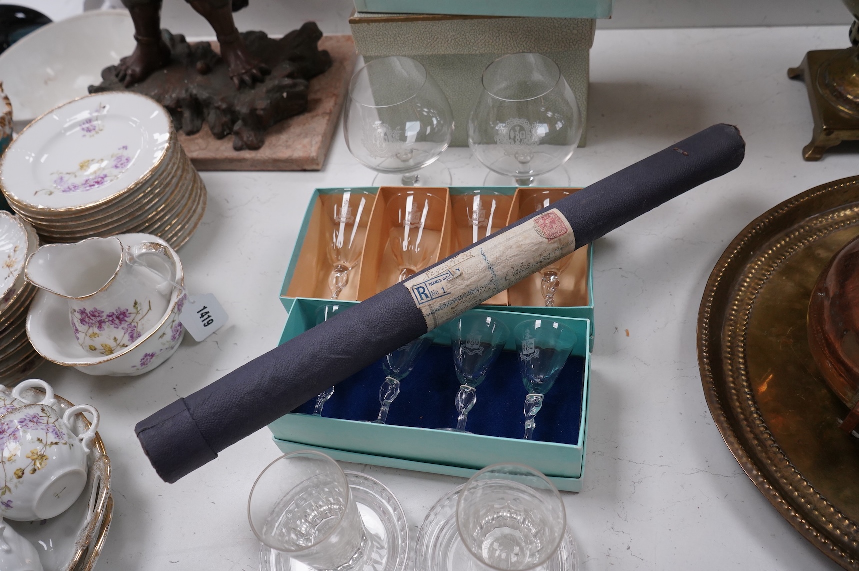 A collection of glass from the company of glass sellers. Including a replica of a gift given to Elizabeth II as a wedding gift, with a letter from the palace.